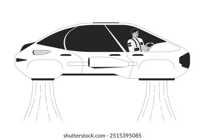 Ilustração da linha preta e branca do futuro piloto do carro voador. Homem cifi piloto dirigindo veículo futurista caractere linear 2D isolado. Futurismo ficção científica transporte monocromo vetor imagem contorno