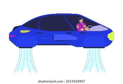 Ilustración plana de dibujos animados de conductor de coche volador futuro. Piloto scifi hombre conduciendo vehículo futurista carácter 2D aislado en el fondo blanco. Futurismo ciencia ficción transporte escena Vector color Imagen