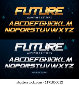 Future font letters in gold and silver colors - modern abstract alphabet letters, sci-fi, technology theme. Isolated vector illustration.
