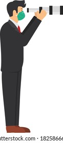 Future Forecasting Illustration, Boss is wearing coronavirus surgical face Mask for Prevention Sign, New normal Business character, Businessman seeing through telescope Concept Vector Design,