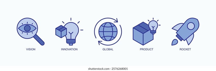 Future Forward Icon Set Isolated Vector With Icon Of Vision, Innovation, Global, Product, Rocket In Blue Style