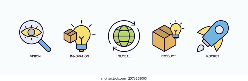 Future Forward Icon Set Isolated Vector With Icon Of Vision, Innovation, Global, Product, Rocket In Outline Color Style