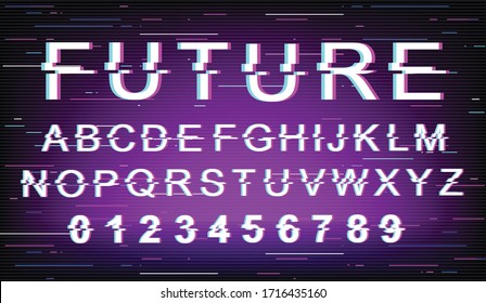 Plantilla de fuente de fallo futuro. Alfabeto vectorial de estilo retro futurista establecido en fondo morado. Las letras mayúsculas, los números y los símbolos. Diseño moderno de tipo de letra digital con efecto de distorsión