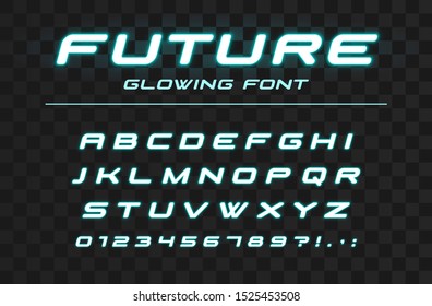 Future Glowing Font. Fast Sport, Futuristic, Technology Alphabet. Neon Letters And Numbers For High Speed, Industrial, Hi-tech Logo Design. Modern Minimalistic Vector Abc Typeface