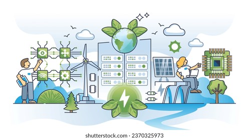 Future of green computing and recyclable hardware materials outline concept. Environmental and nature friendly IT chips with effective resources usage and alternative power usage vector illustration.