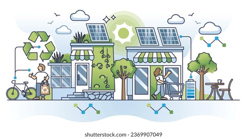 Future of green retail and sustainable shopping choice outline concept. Environmental and nature friendly packaging with recyclable material usage vector illustration. Ecological and bio lifestyle.