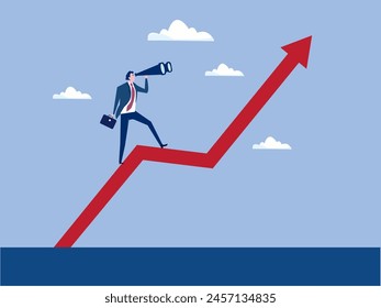 Future growth businessman manager using a telescope to see future standing on top of rising arrow market graph.career development vision, profit and earning forecast concept vector