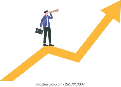Future growth businessman manager using a telescope to see future standing on top of rising arrow market graph.career development vision, profit and earning forecast concept vector

