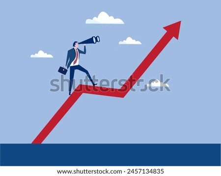 Future growth businessman manager using a telescope to see future standing on top of rising arrow market graph.career development vision, profit and earning forecast concept vector