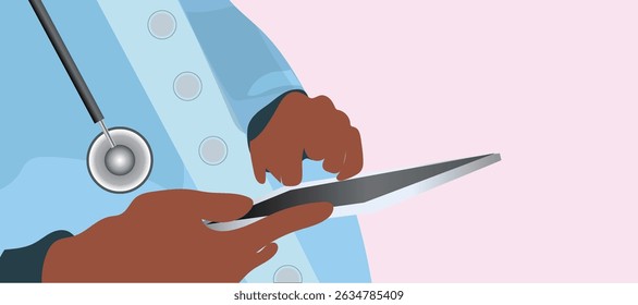 The Future of Healthcare Technology, Modern Invention of Medical Services, A doctor clicking on a pad- serving telemedicine, vector illustration design background