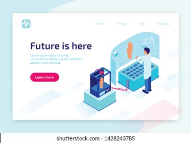 Future is Here Horizontal Banner, Doctor Create Projection of Human Hand on Virtual Reality Screen and then Printing it on Medical Printer, Modern Digital Equipment, 3D Isometric Vector Illustration