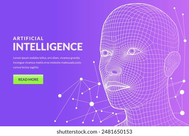 Future high technology, artificial intelligence, science, robotic engineering concept. Vector 3d wireframe human head isometric illustration. Abstract geometric grid mesh person on gradient background