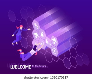 Future high technology background with people in front of big monitor 3d isometric vector illustration