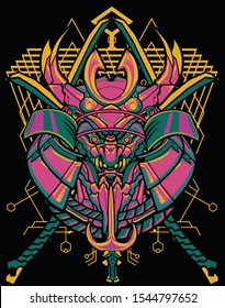 future horror samurai skull mask  with robotic style sacred geometry background for t shirt , poster, stiker design 