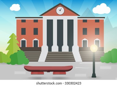 Future Hoverboard On The Street With The Town Hall Vector Illustration