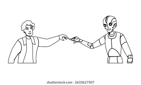 future human computer interaction vector. innovation hand, ai machine, science robot future human computer interaction character. people black line pencil drawing illustration