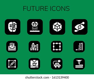 future icon set. 12 filled future icons. Included Cyborg, 3d printer, Transform, Hologram, Rocket, 3d printing, 3d modeling, Transformation, Electric car, Bionic eye, Ball icons