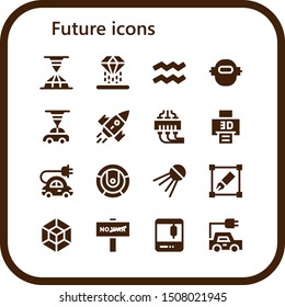 future icon set. 16 filled future icons.  Collection Of - 3d printer, Hologram, Aquarius, Robot, Rocket, 3d printing, Electric car, Sputnik, Transform, 3d modeling, War icons