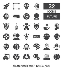future icon set. Collection of 32 filled future icons included Ball, Economy, Artificial intelligence, Electric car, Robot, Alien, Amc, Hologram, Rocket, Crystal ball, Smart glasses