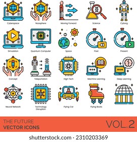 Los iconos del futuro Incluyendo futuro, tecnología, negocios, concepto, digital, fondo, futurista, moderno, azul, cielo, internet, comunicación, ciudad, innovación, datos, conexión tecnológica, personas, red