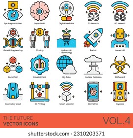 Los iconos del futuro Incluyendo futuro, tecnología, negocios, concepto, digital, fondo, futurista, moderno, azul, cielo, internet, comunicación, ciudad, innovación, datos, conexión tecnológica, personas, red