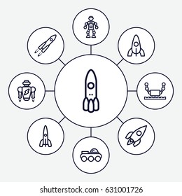 Future icons set. set of 9 future outline icons such as rocket