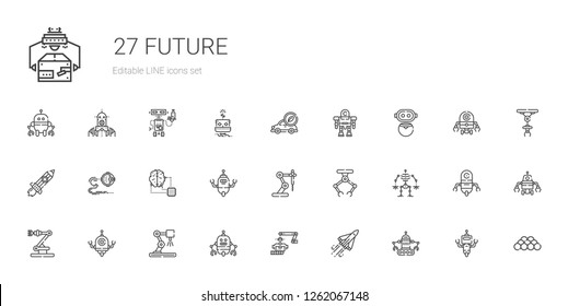 future icons set. Collection of future with robot, space shuttle, industrial robot, artificial intelligence, rising, electric car, ball. Editable and scalable future icons.