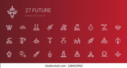 future icons set. Collection of future with robot, rising, artificial intelligence, space shuttle, mars rover, industrial robot, ball. Editable and scalable future icons.