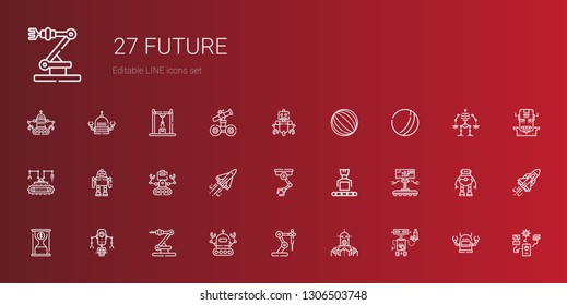 future icons set. Collection of future with robot, industrial robot, time is money, space shuttle, ball. Editable and scalable future icons.