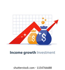 Future Income Growth Graph, Money Bags, Return On Investment Chart, Budget Planning, Time Is Money, Arrow Up, Pension Fund Savings, Superannuation Illustration, Vector Flat Icon