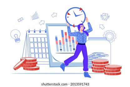 Future income planning and financial calendar concept with woman holding clock. Return on investment and budget planning, fund savings, cartoon vector illustration isolated on white background.