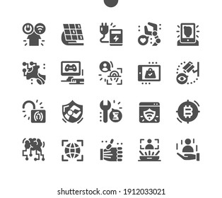 Future industry. Smart appliances in the house. Electronic protection. Artificial intelligence. Robots, holograms, cryptocurrency and robotization. Vector Solid Icons. Simple Pictogram