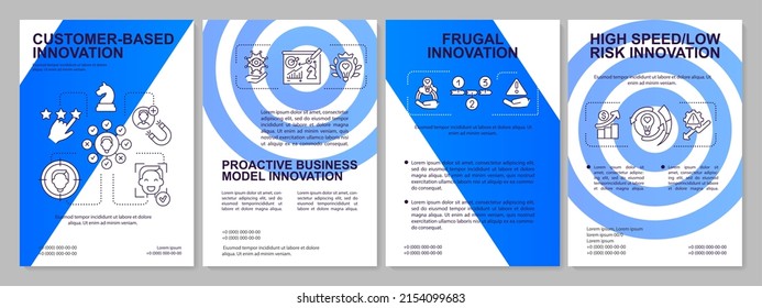 Future of innovation management aspects blue brochure template. Low risk. Leaflet design with linear icons. 4 vector layouts for presentation, annual reports. Arial, Myriad Pro-Regular fonts used