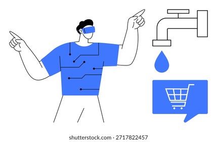 Future innovation, wearable devices, digital technology, e-commerce solutions, water conservation, virtual systems. Person in VR headset pointing at icons. Digital technology and future innovation