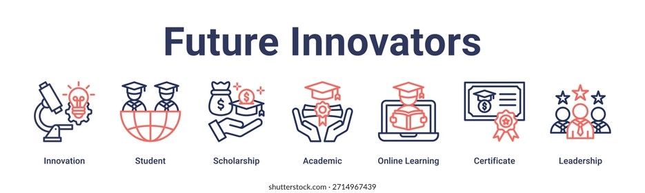 Concepto de Ilustración vectorial del icono del Web del Anuncio de los innovadores futuros para la educación con el icono de la innovación, estudiante, beca, académico, aprendizaje en línea, certificado.