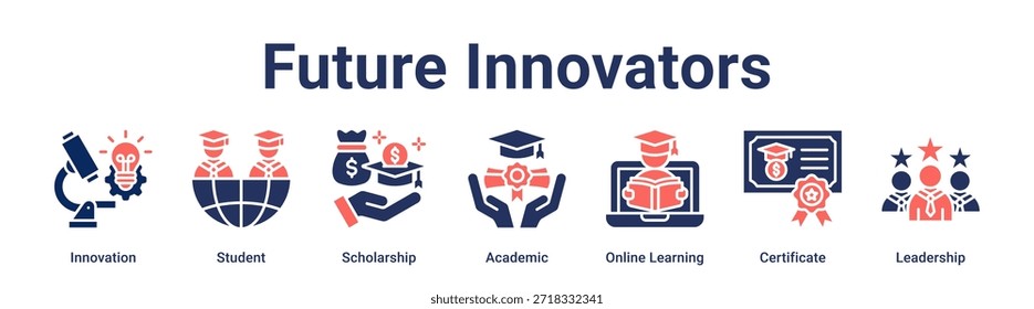 Concepto de Ilustración vectorial del icono del Web del Anuncio de los innovadores futuros para la educación con el icono de la innovación, estudiante, beca, académico, aprendizaje en línea, certificado.