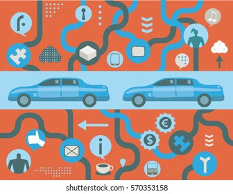 Future intelligent car concept with social media, tech icons, infographics elements and grunge texture.