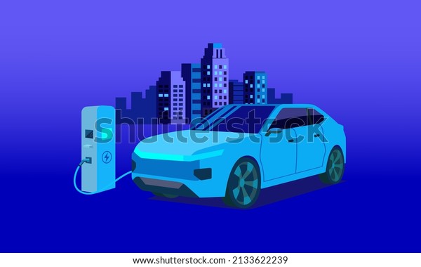 The future of intelligent electric vehicles\
Parked at charging station with power socket, flat vector\
illustration on blue\
background