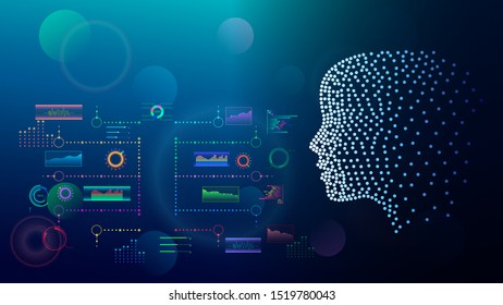 Future interface virtual colorful holographic screen on a dark blue gradient background. The virtual digital AI face profile view. Vector illustration.