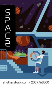 Future interstellar exploration colonizers banner. Science people in planet colonization mission space base. Scientist station main bridge interior with crew member astronaut. Vector eps poster