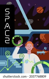 Future interstellar exploration colonizers poster. Science people in planet colonization mission space station. Spaceship main bridge interior with crew member scientist astronaut. Vector eps placard