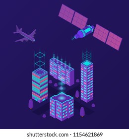 С ciudad del futuro en isometría. Edificios modernos y elegantes. Satélite GPS y avión. Vista isométrica. Noche púrpura. Ilustración vectorial.