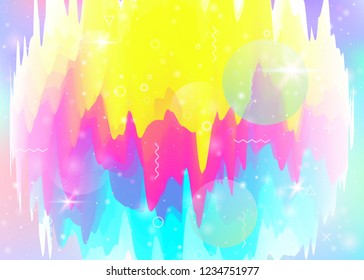 Future landscape with holographic cosmos and abstract universe background. Futuristic gradient and shape. Stylish mountain silhouette with wavy glitch. 3d fluid. Memphis future landscape.