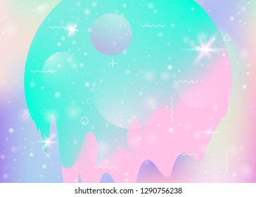 Future landscape with holographic cosmos and abstract universe background. 3d fluid. Girlie mountain silhouette with wavy glitch. Futuristic gradient and shape. Memphis future landscape.
