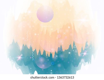Future landscape with holographic cosmos and abstract universe background. Futuristic gradient and shape. 3d fluid. Rainbow mountain silhouette with wavy glitch. Memphis future landscape.