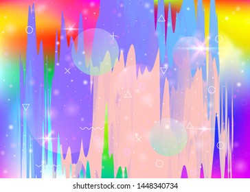 Future landscape with holographic cosmos and abstract universe background. Futuristic gradient and shape. 3d fluid. Mystical mountain silhouette with wavy glitch. Memphis future landscape.