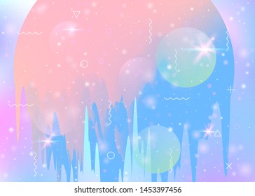 Future landscape with holographic cosmos and abstract universe background. 3d fluid. Futuristic gradient and shape. Multicolor mountain silhouette with wavy glitch. Memphis future landscape.