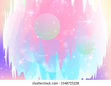 Future landscape with holographic cosmos and abstract universe background. Pearlescent mountain silhouette with wavy glitch. 3d fluid. Futuristic gradient and shape. Memphis future landscape.