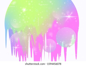 Future landscape with holographic cosmos and abstract universe background. Futuristic gradient and shape. 3d fluid. Liquid mountain silhouette with wavy glitch. Memphis future landscape.
