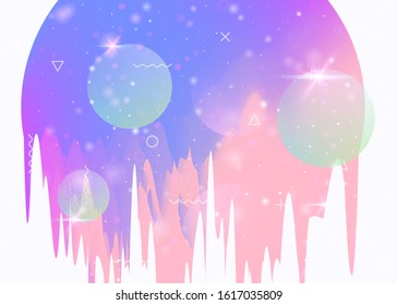 Future landscape with holographic cosmos and abstract universe background. Futuristic gradient and shape. 3d fluid. Fluorescent mountain silhouette with wavy glitch. Memphis future landscape.